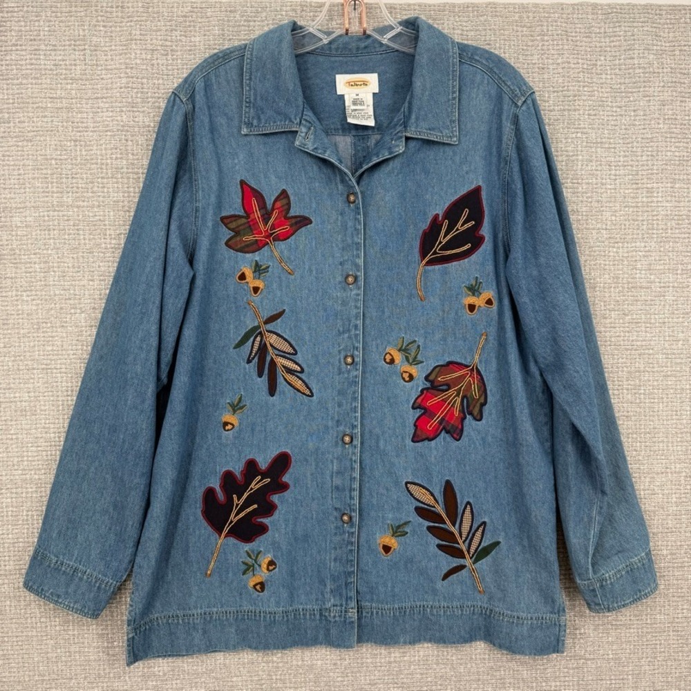 Vtg Talbots Denim Embroidered Fall Leaf Denim Shirt M Blue Long Sleeve Cotton